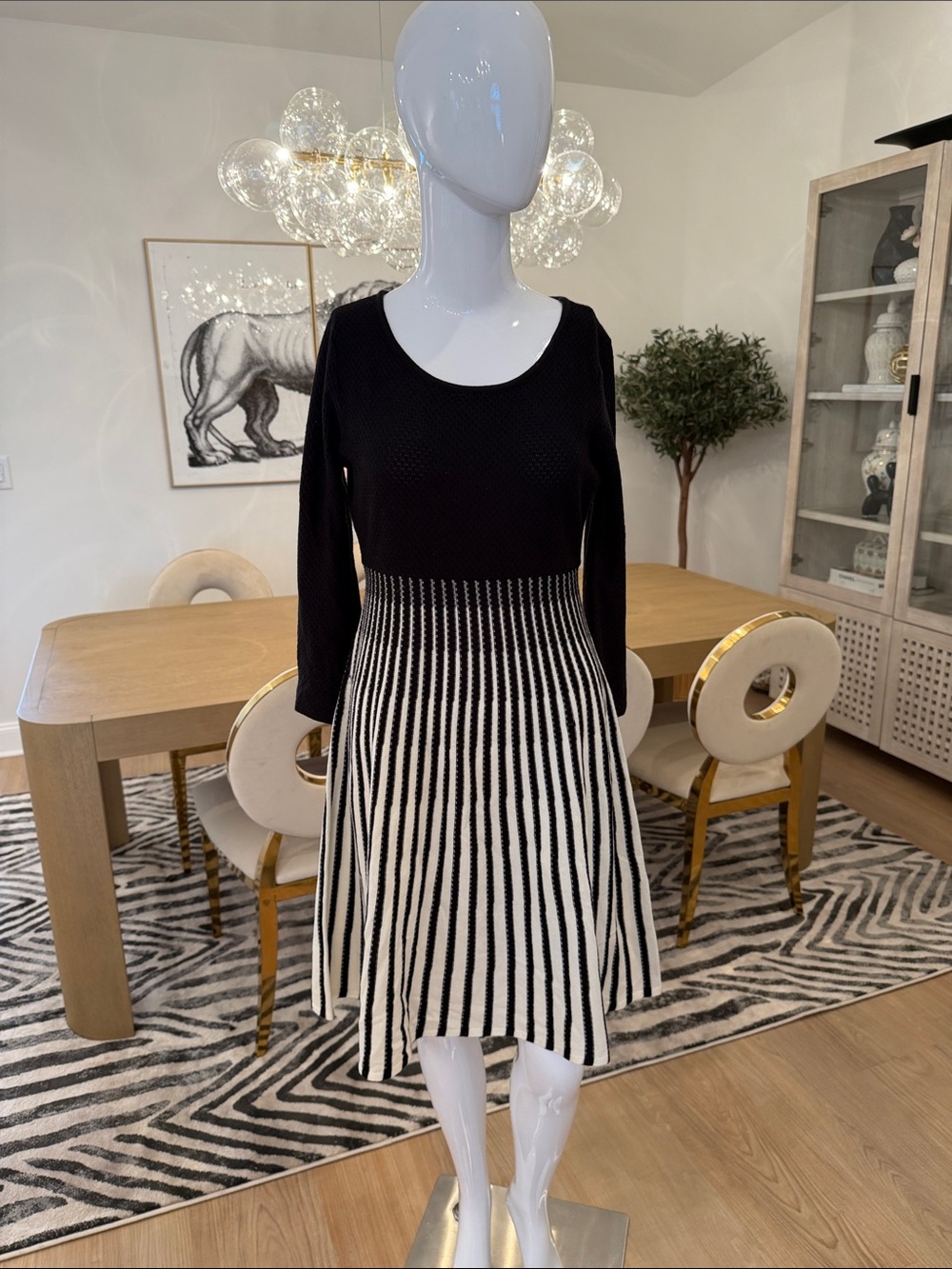 Dana Buchman Black and White 3/4 Sleeve Fit-and-Flare Sweater Dress